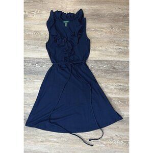 Lauren Ralph Lauren Sz S Navy Blue Jersey Knit Belted Ruffled Shift Midi Dress